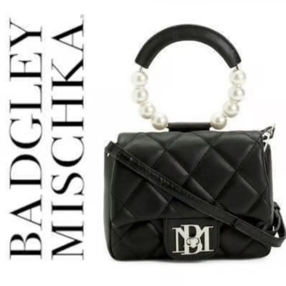 Badgley Mischka/Vegan Leather Clutch Bag Pearl Handle Black Crossbody Purse - Picture 8 of 9